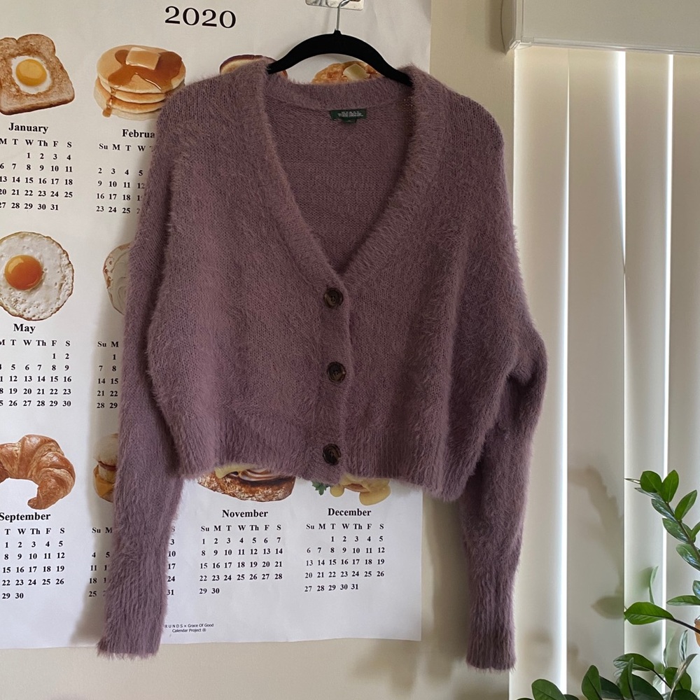 Fuzzy purple crop cardigan sweater